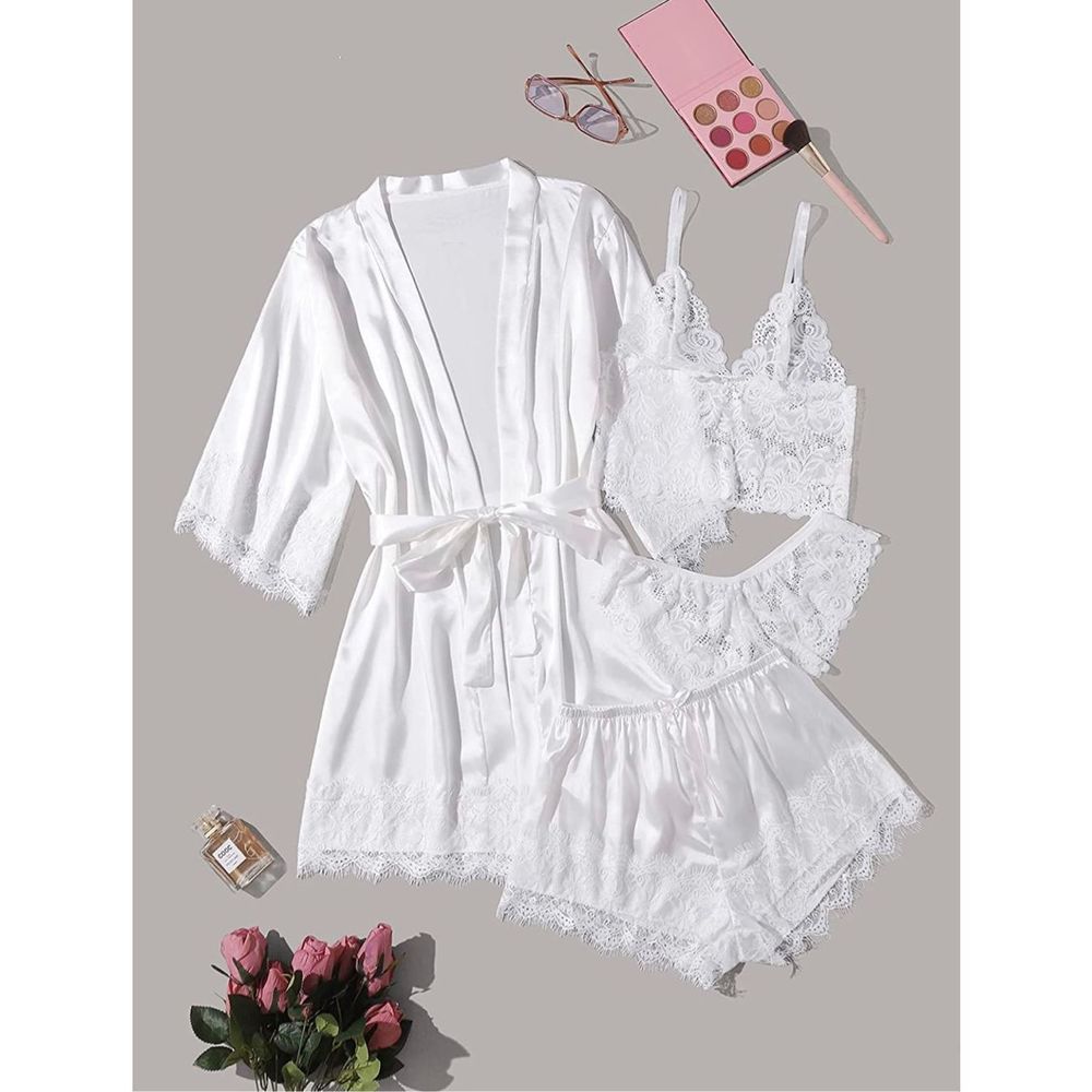 NEW Silk Satin Pajamas Set 4pcs Lingerie Lace Cami Robe S